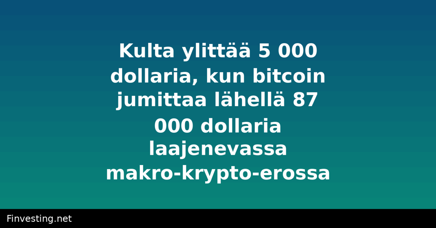 Kulta ylittää 5 000 dollaria, kun bitcoin jumittaa lähellä 87 000 dollaria laajenevassa makro-krypto-erossa