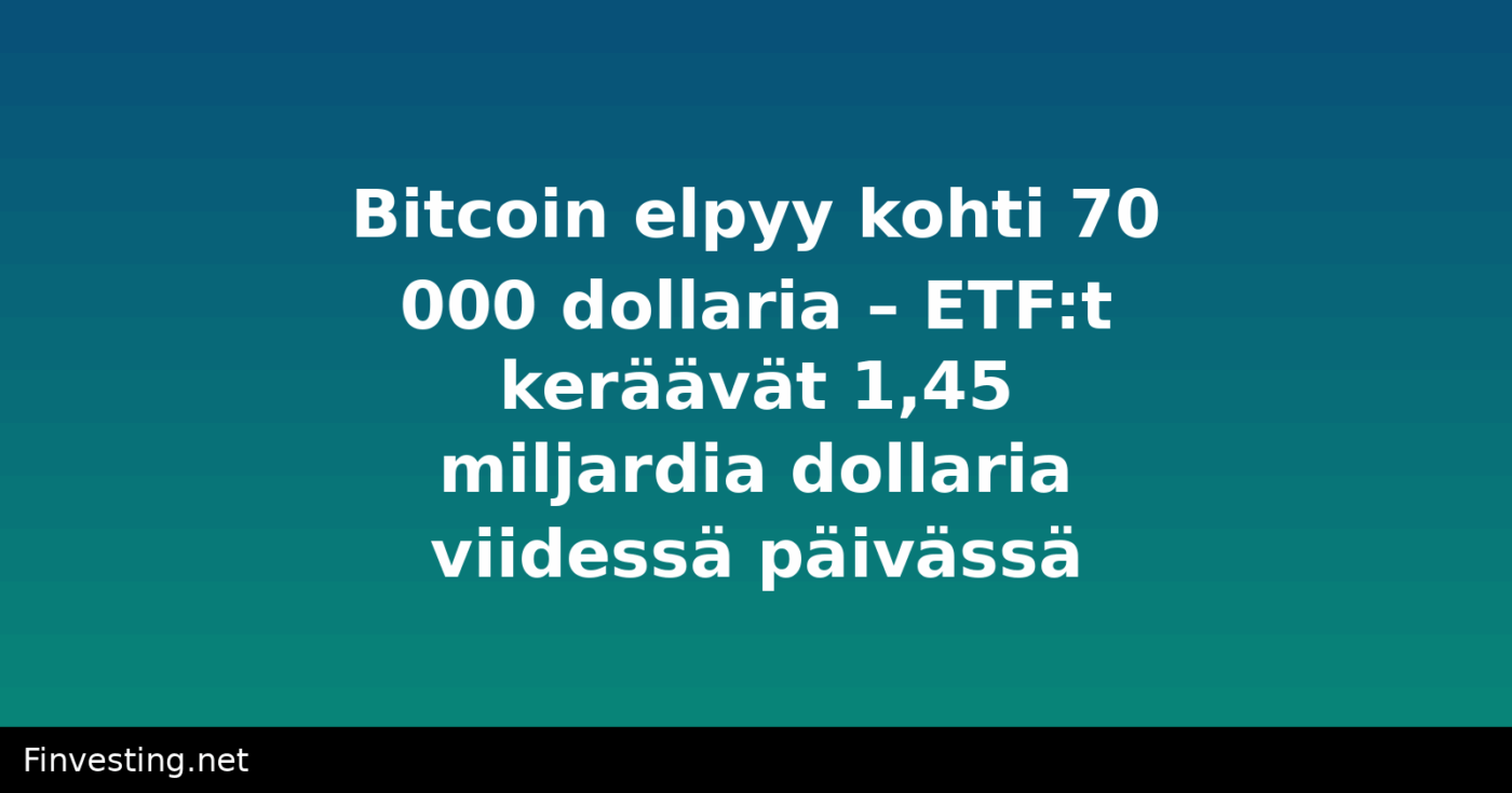 Bitcoin elpyy kohti 70 000 dollaria – ETF:t keräävät 1,45 miljardia dollaria viidessä päivässä